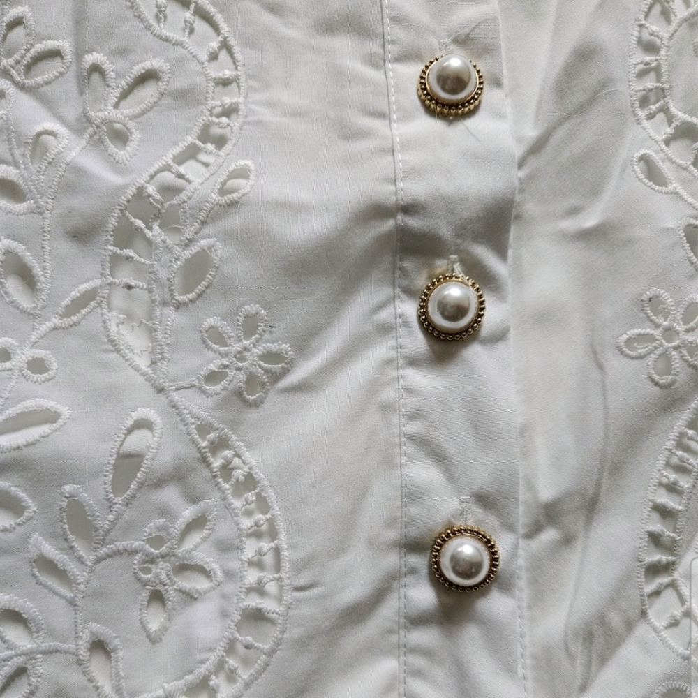 White Eyelet Embroidered Button Front Midi Dress Cottagecore Boho - NWT Size L - Picture 5 of 6